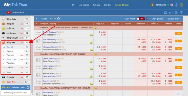 4 kèo cá cược bóng bàn từ thabet