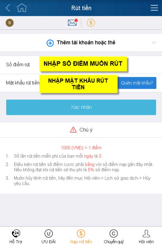 rút tiền trên tài khoản thabet