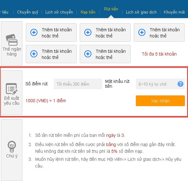 rút tiền trên tài khoản thabet
