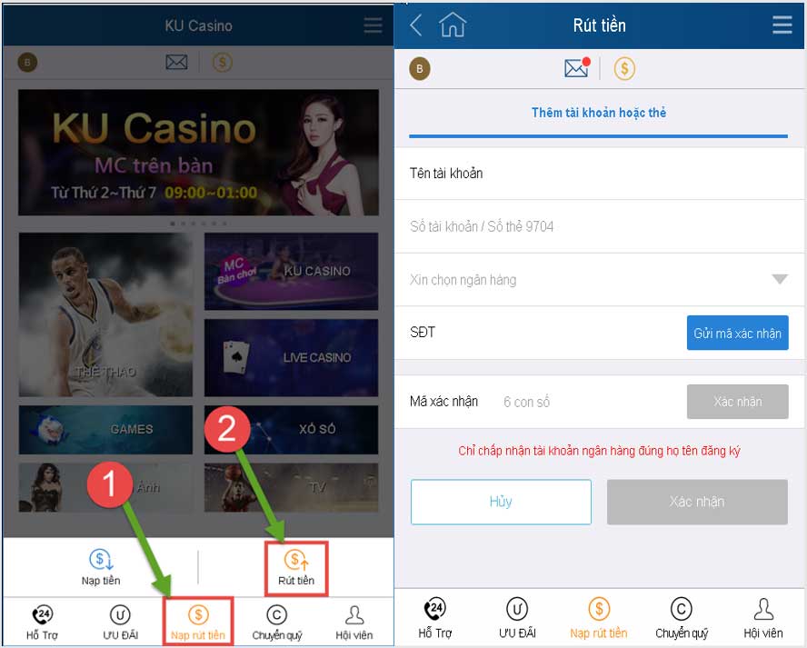 rút tiền trên tài khoản thabet